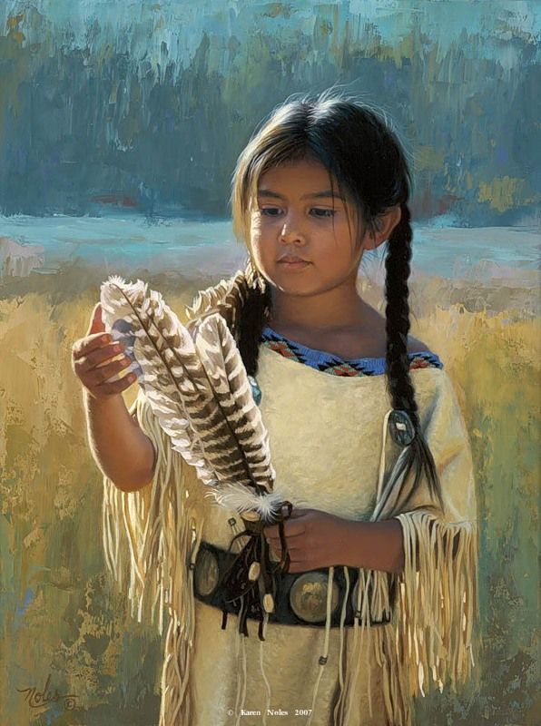 A Native American girl holding feathers