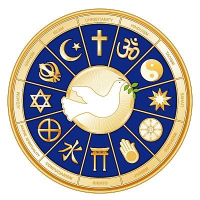 A wheel with symbols of major religions