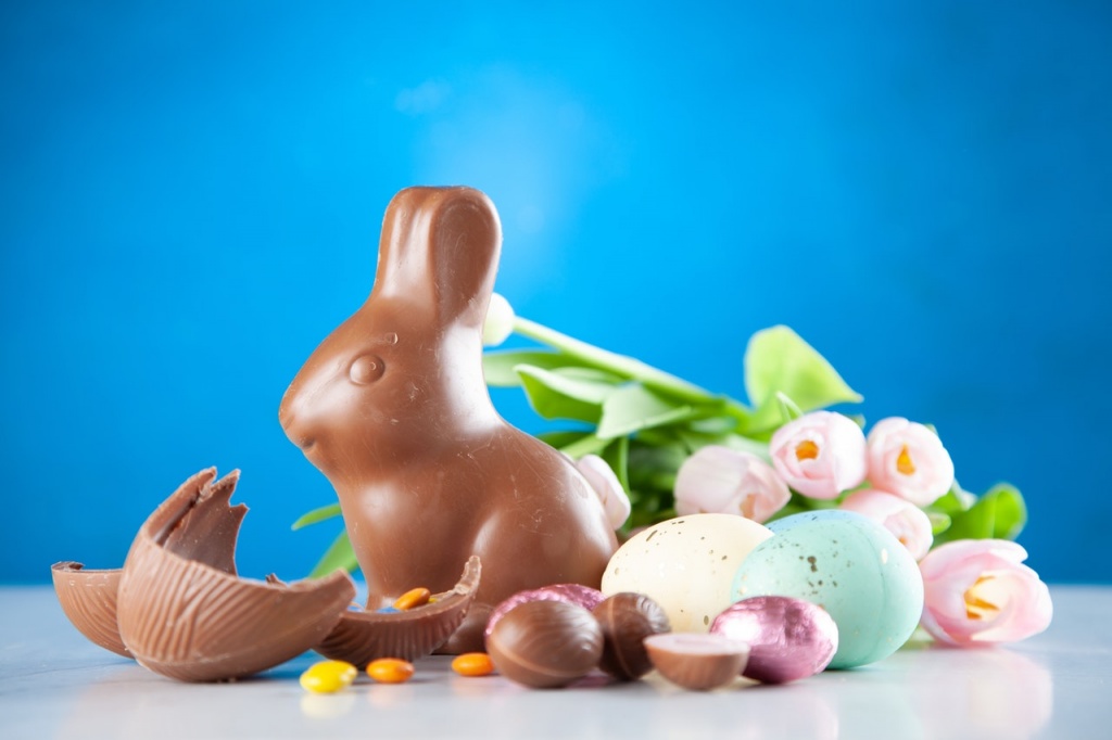 a brown colour of the easter bunny and easter eggs